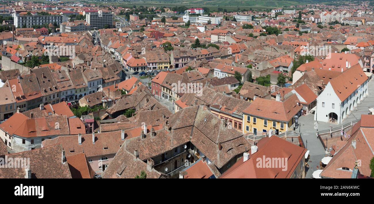 Aerial view of Sibiu old town. The history of Hermannstadt reaches back to the 11th century. Birds eye view, travel, destination. Stock Photo