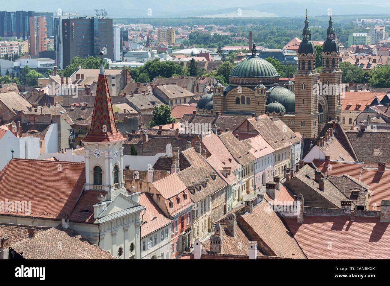 Aerial view on the city of Sibiu (Hermannstadt). Cultural capital of Europe in 2007. In the back the main building & two towers of the Orthodox church Stock Photo