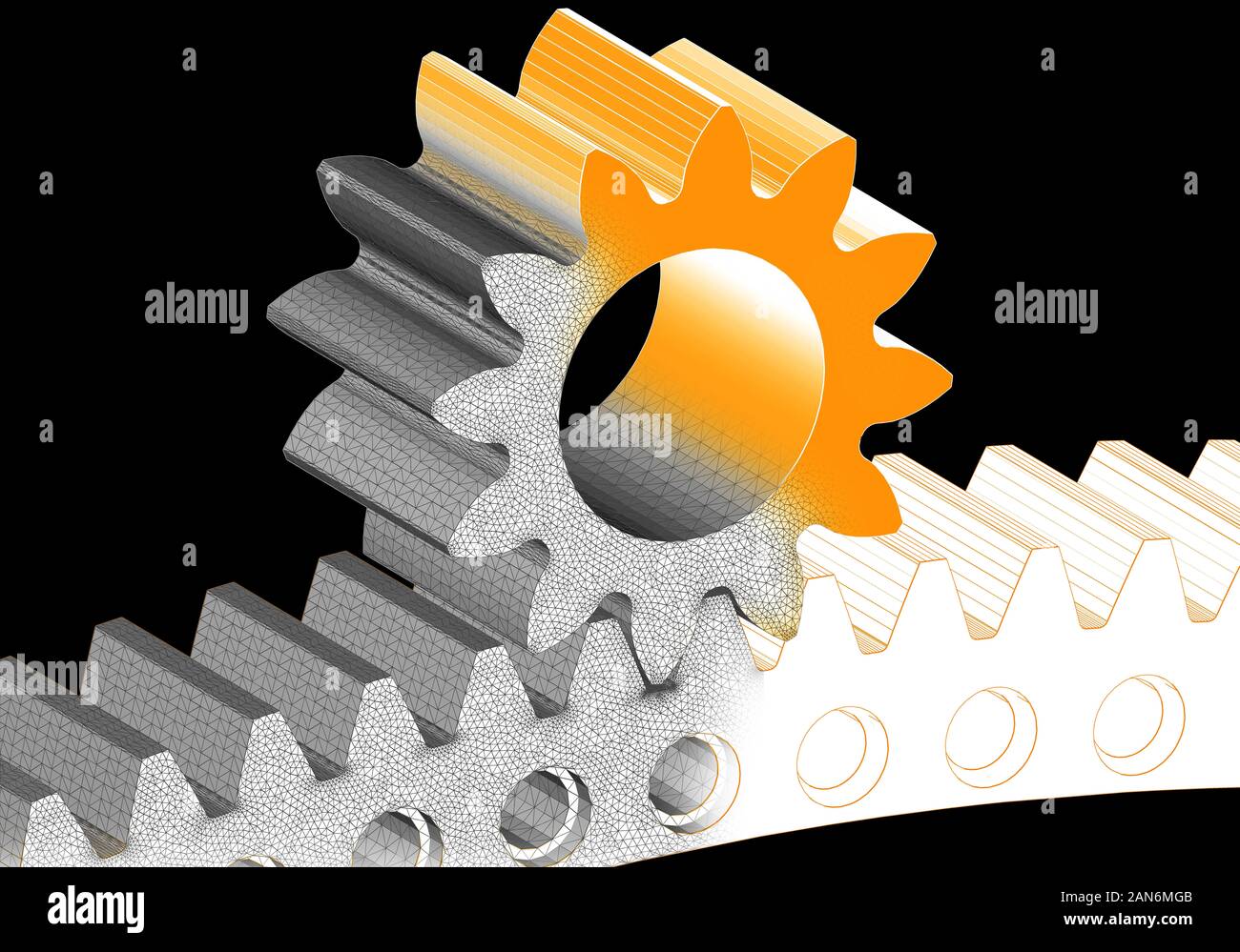Gear and cogwheel 3D solid finite element analysis mesh in black backround Stock Photo