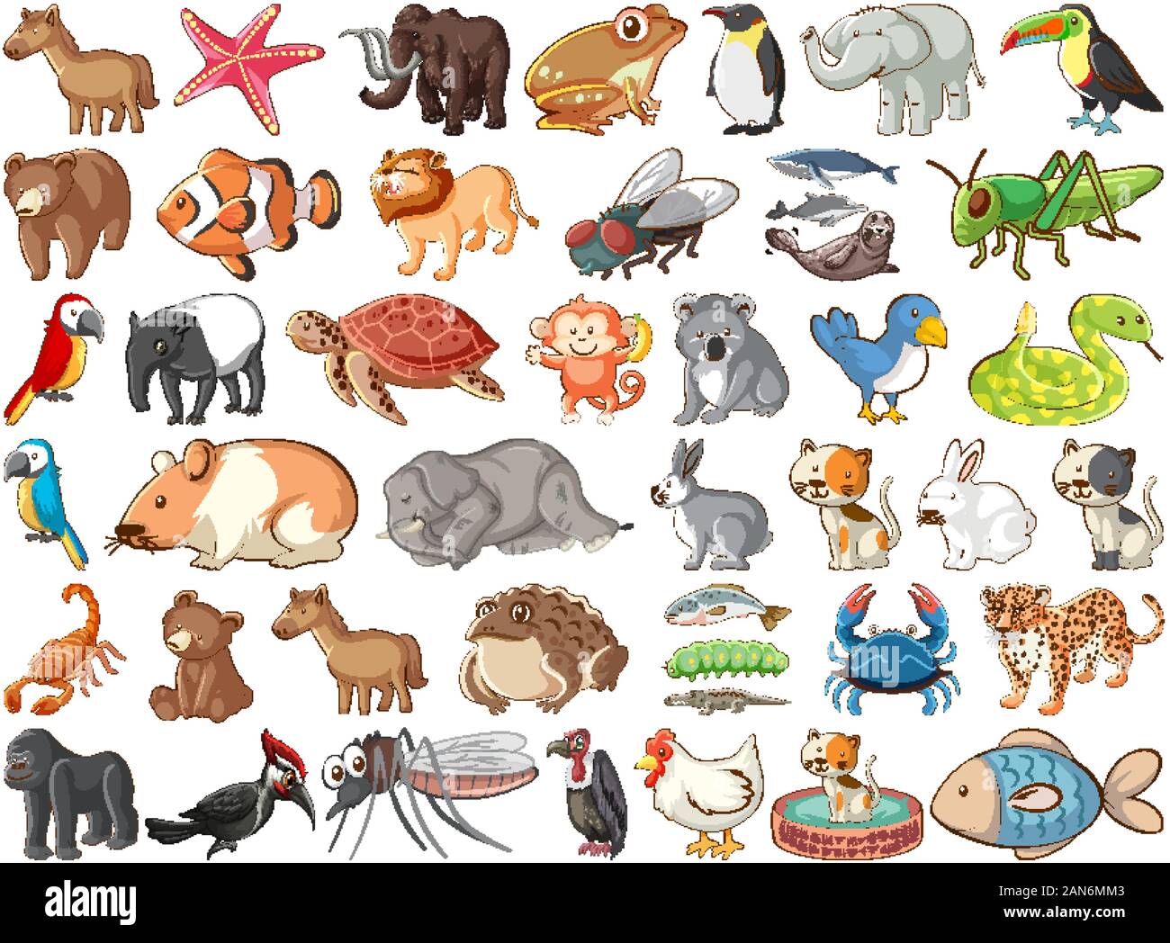 Large set of wildlife with many types of animals land and sea illustration Stock Vector