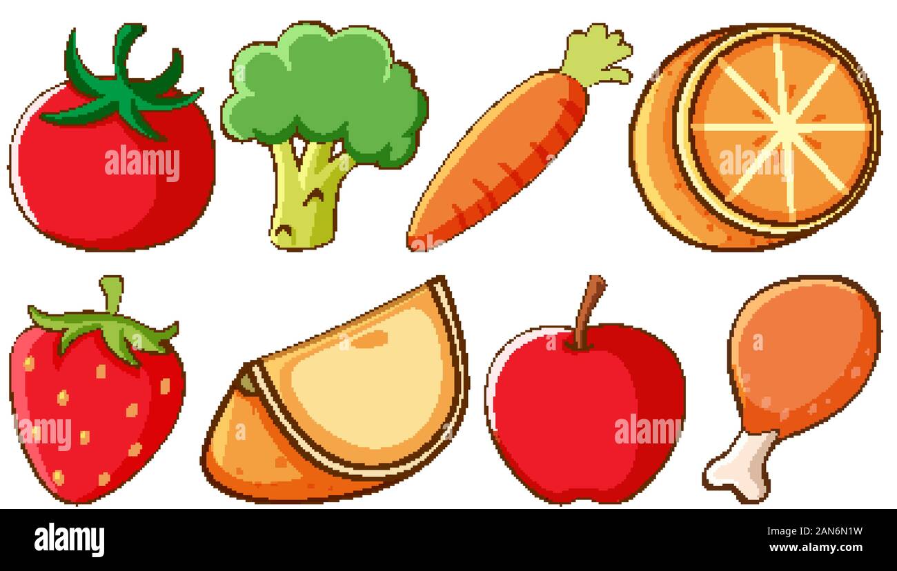 Set of different types of fruits and vegetables illustration Stock