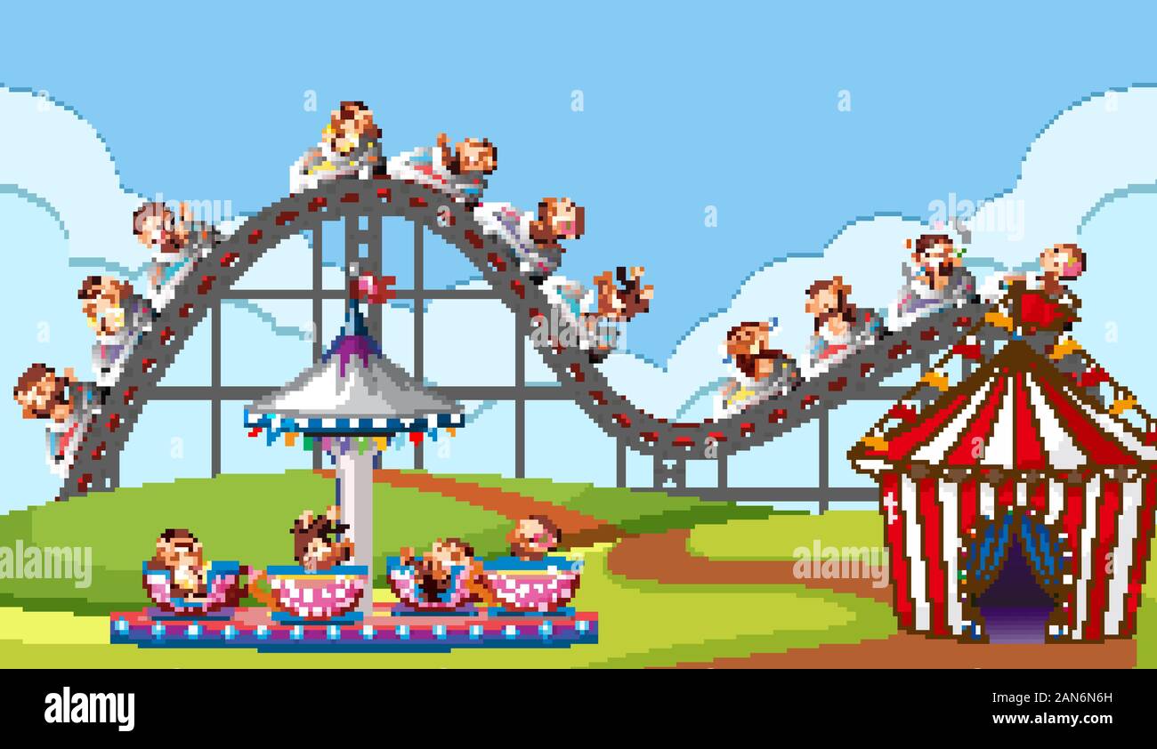 Scene with monkeys riding on circus rides in the park illustration ...