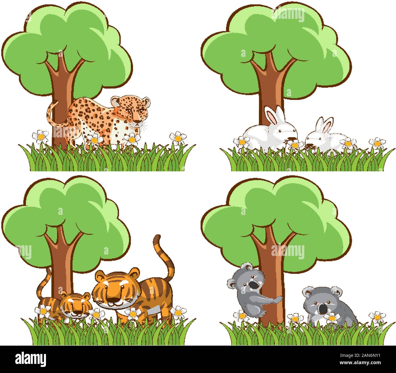 Set of wild animals in the park with pond and tree illustration Stock ...