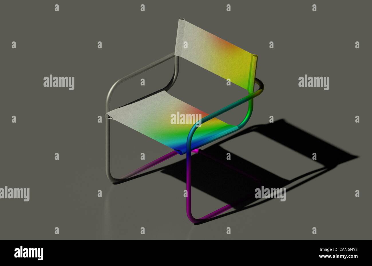 A patio chair 3D rendering, its finite element mesh and indicative deflection mapping from finite element analysis on grey backround Stock Photo