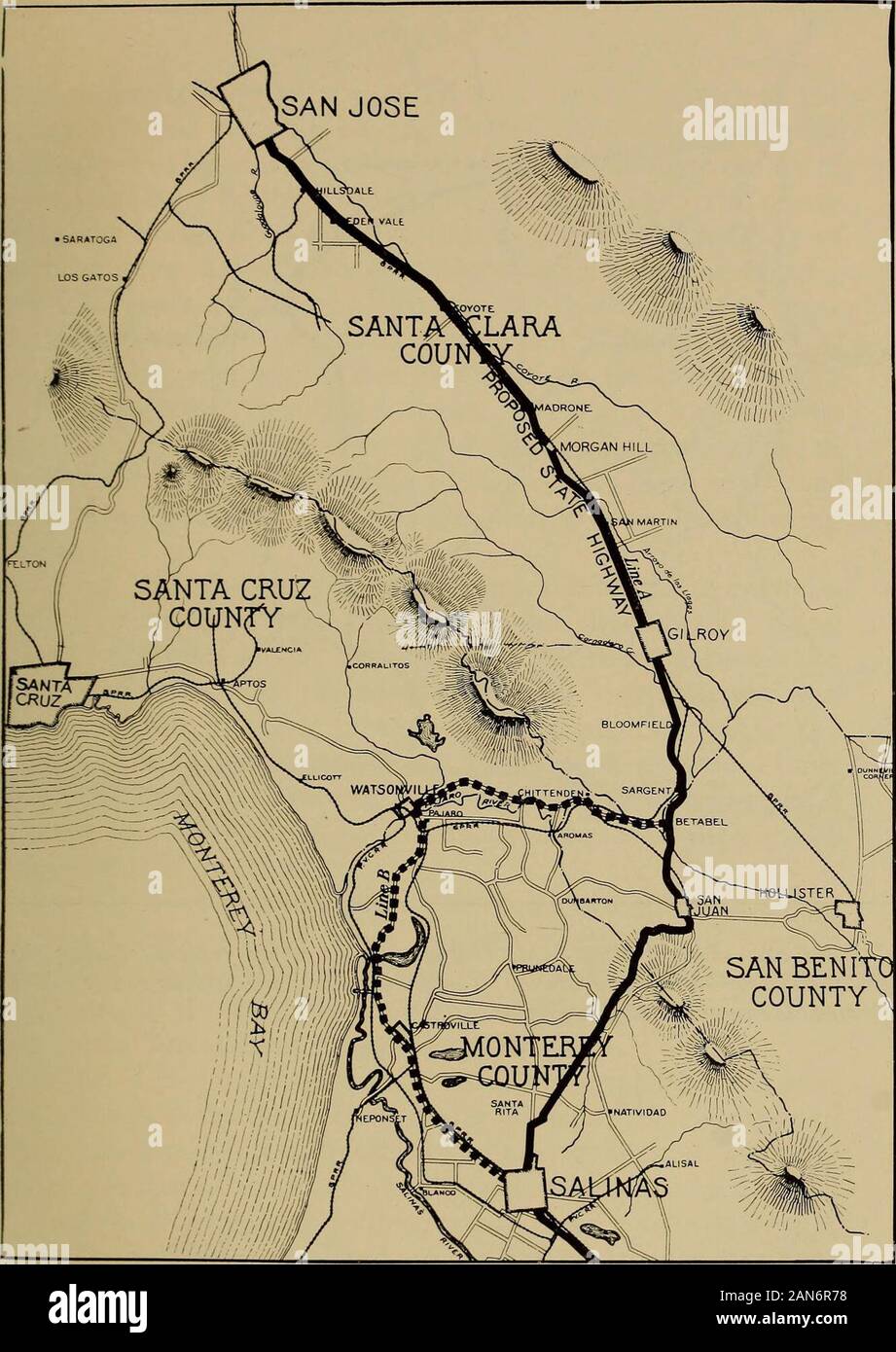 California highways; a descriptive record of road development by the state and by such counties as have paved highways . Hollister is acounty seat and Watsonville is not. Third. Notwithstanding the miserable road now existingover San Juan Mountain most of the travel follows that routebecause of its directness. The road planned by the commis-sion will have only one mile of six per cent grade, the balancevarying from two to four per cent. The road proposed viaWatsonville passes along the bank of the Pajaro River forsome distance. The road there is menaced constantly by abad slide resulting from Stock Photo