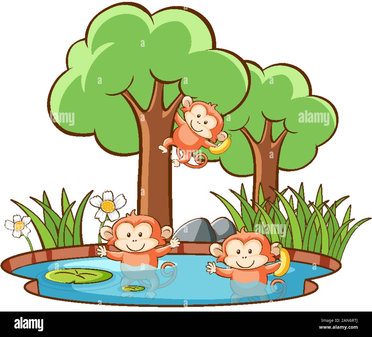 Scene with monkeys in forest illustration Stock Vector
