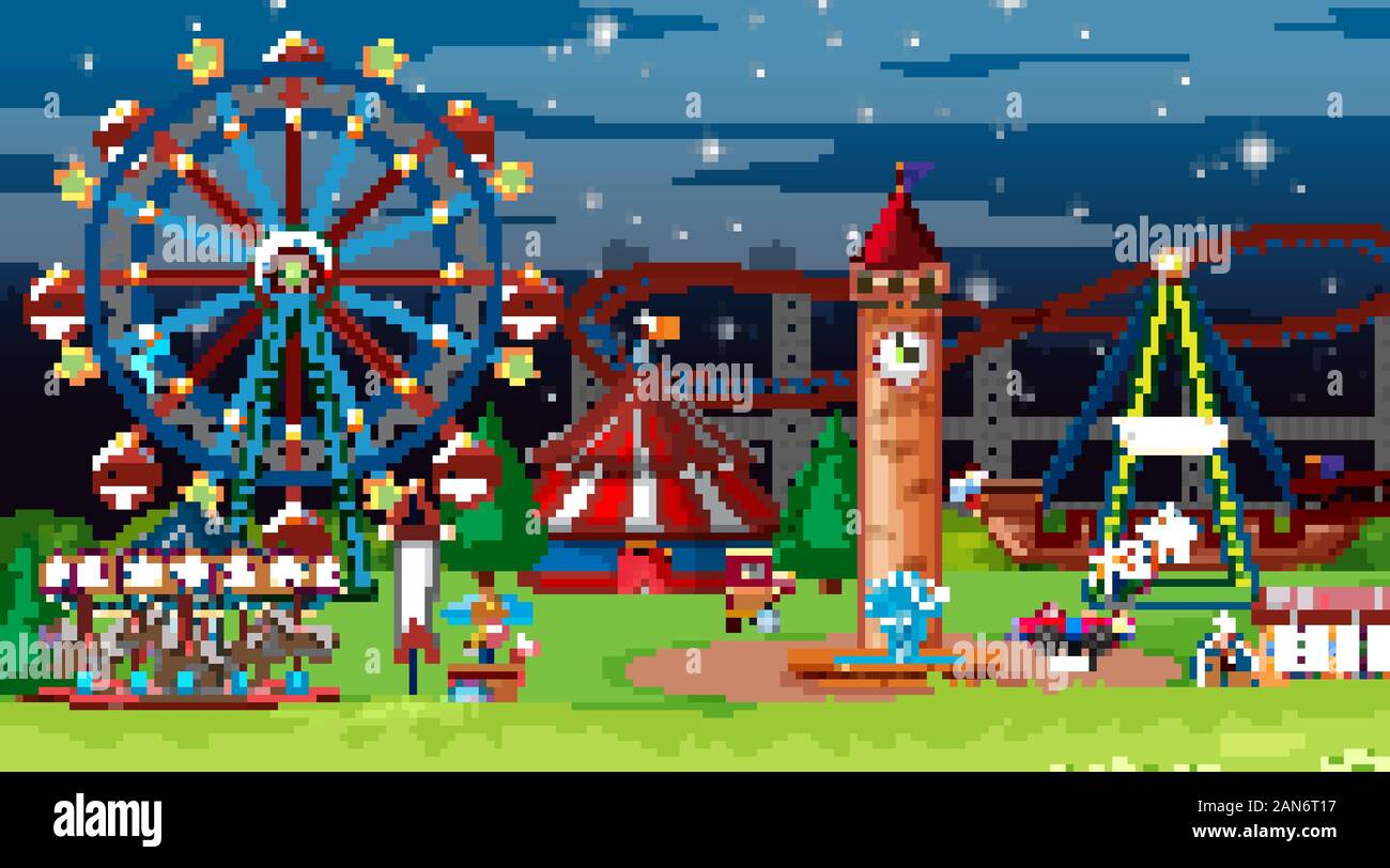 Scene with many circus rides in the park at night illustration Stock ...