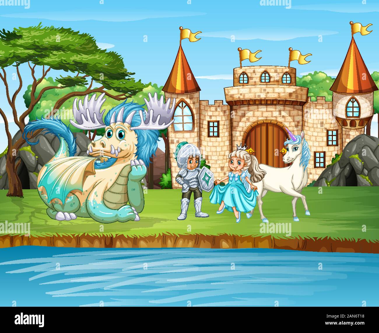 Scene with knight and princess at the castle illustration Stock Vector ...