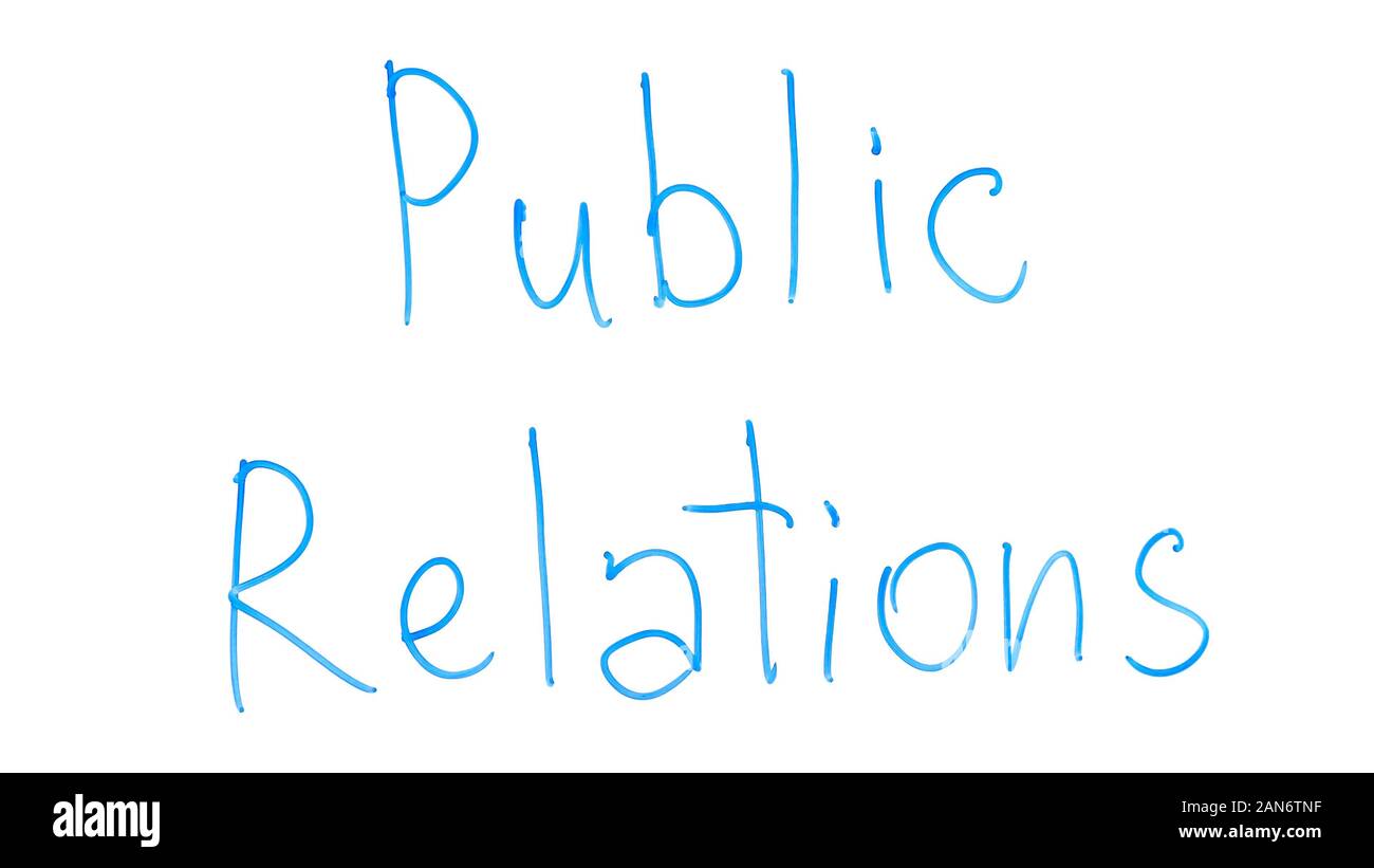 Public relations phrase written on glass, PR as management of customers opinion Stock Photo