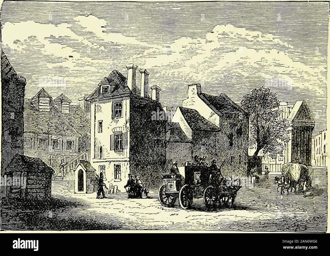 Fifty years ago . THE kings mews IN 1750(From a Print by I. Maurer) yourself; their bonnets are remarkable structures, likean ornamental coal-scuttle of the Thirty-seven, not theEighty-seven, period, and some of them are of sur-prising dimensions, and decorated with an amazing pro-fusion of ribbons and artificial flowers. Their sleevesare shaped like a leg of mutton ; their shawls are likea dining-room carpet of the time—not like yourdining-room carpet. Eighty-seven, but a carpet of 48 FIFTY YEARS AGO flaunting colour, crimson and scarlet which wouldgive you a headache. But the curls of the yo Stock Photo