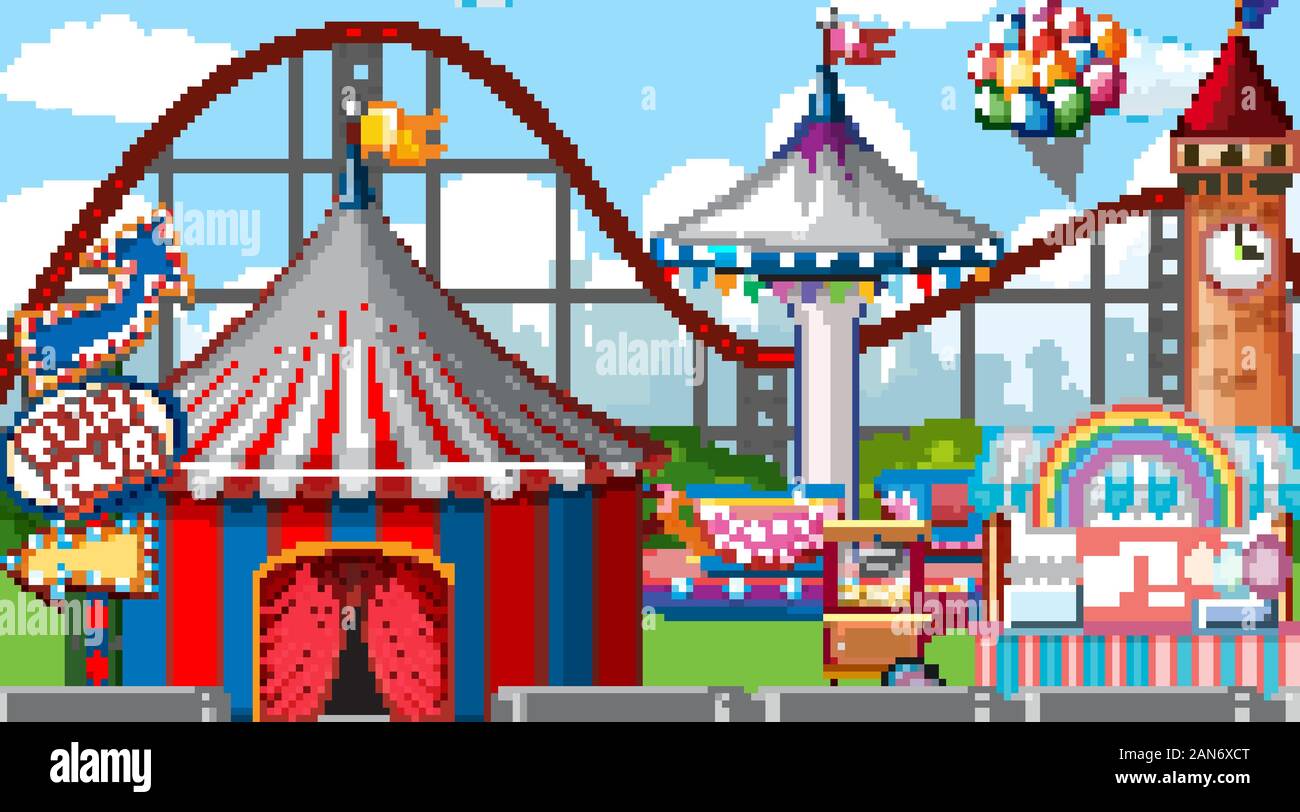 Scene with many circus rides at day time illustration Stock Vector ...