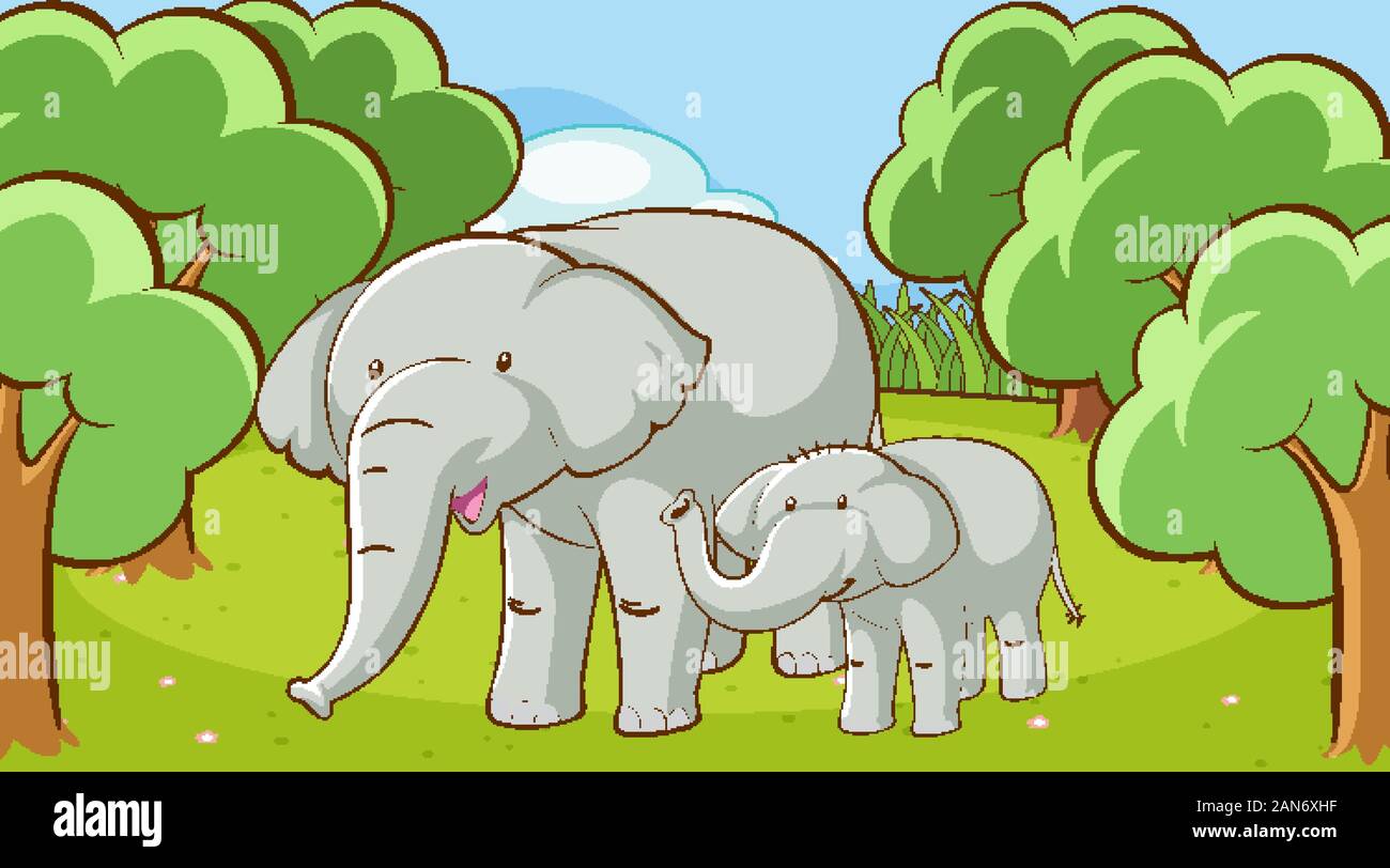Scene with elephants in the forest illustration Stock Vector Image ...