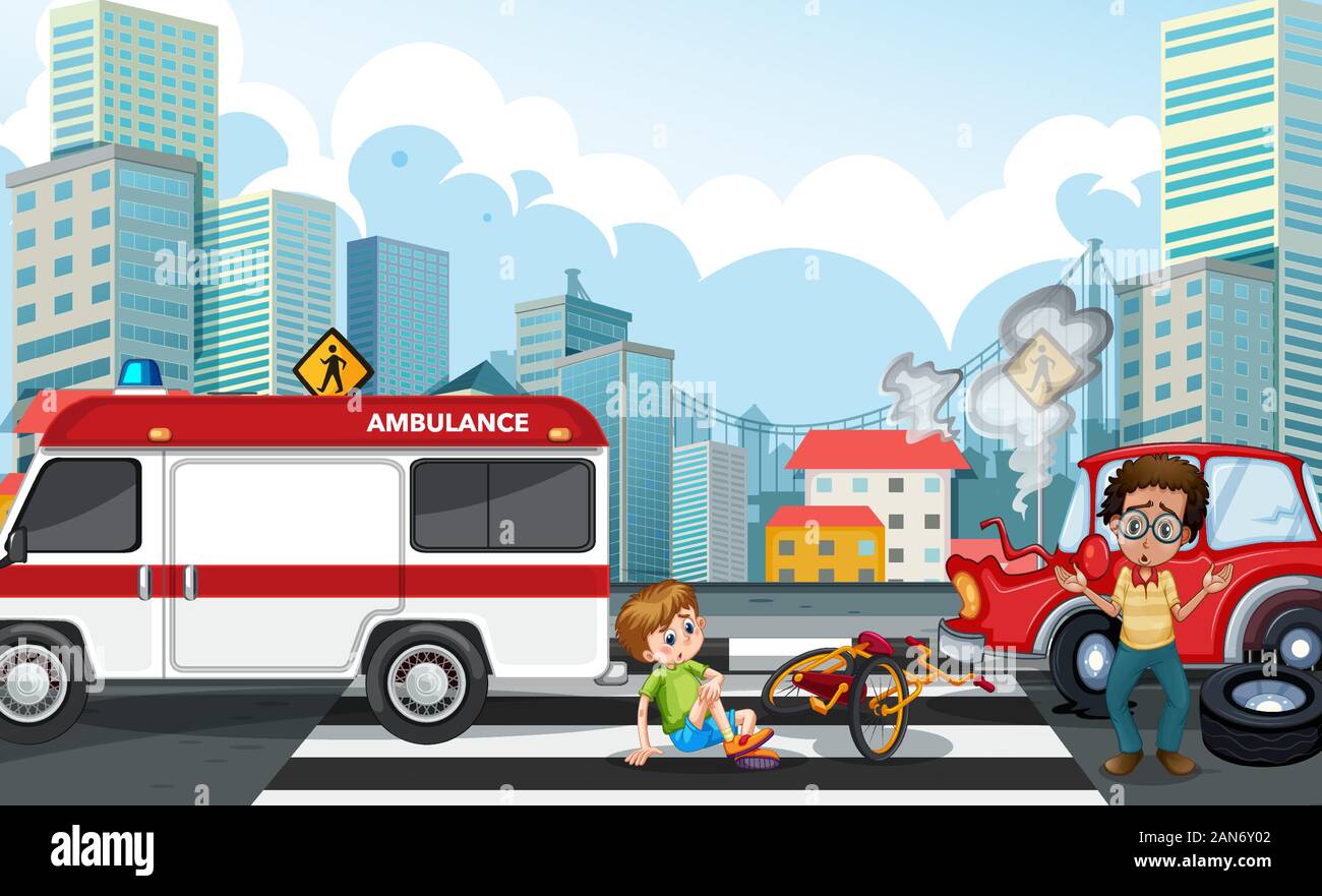 Accident scene with car crash in the city illustration Stock Vector ...