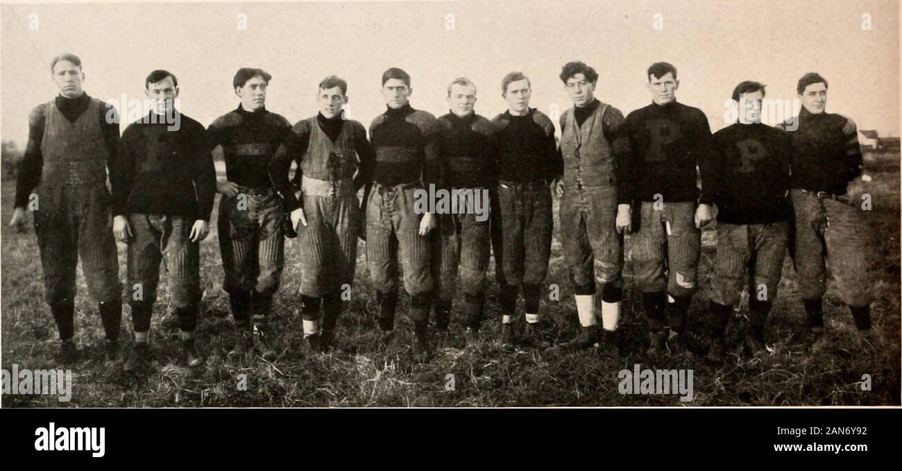 Purdue debris . Freshman Football Team H. Froelich, Left EndJ. Y. McFarland, Left TackleD. C. Smith, Left GuardE. T. Kirk, Center D. Kassebaum, Right GuardF. B. Watt, Right Guard L. J. Bryan, Right Tackle . Fauhe, Right TackleP. W. Kelly, Right EndC. E, Pask, Right End R. S. Shade. Left Half M. S. Gardner, Right Half D. M. Heekin, Full Back Y. H. Hanna (Captain), Quarter. Seniors on the Varsity Squad During the past football season the Class of Nineteen Hun-dred and Seven was drawn on quite heavily for varsity foot-ball material. Eleven Seniors were on the squad at the endof the season, six Stock Photo