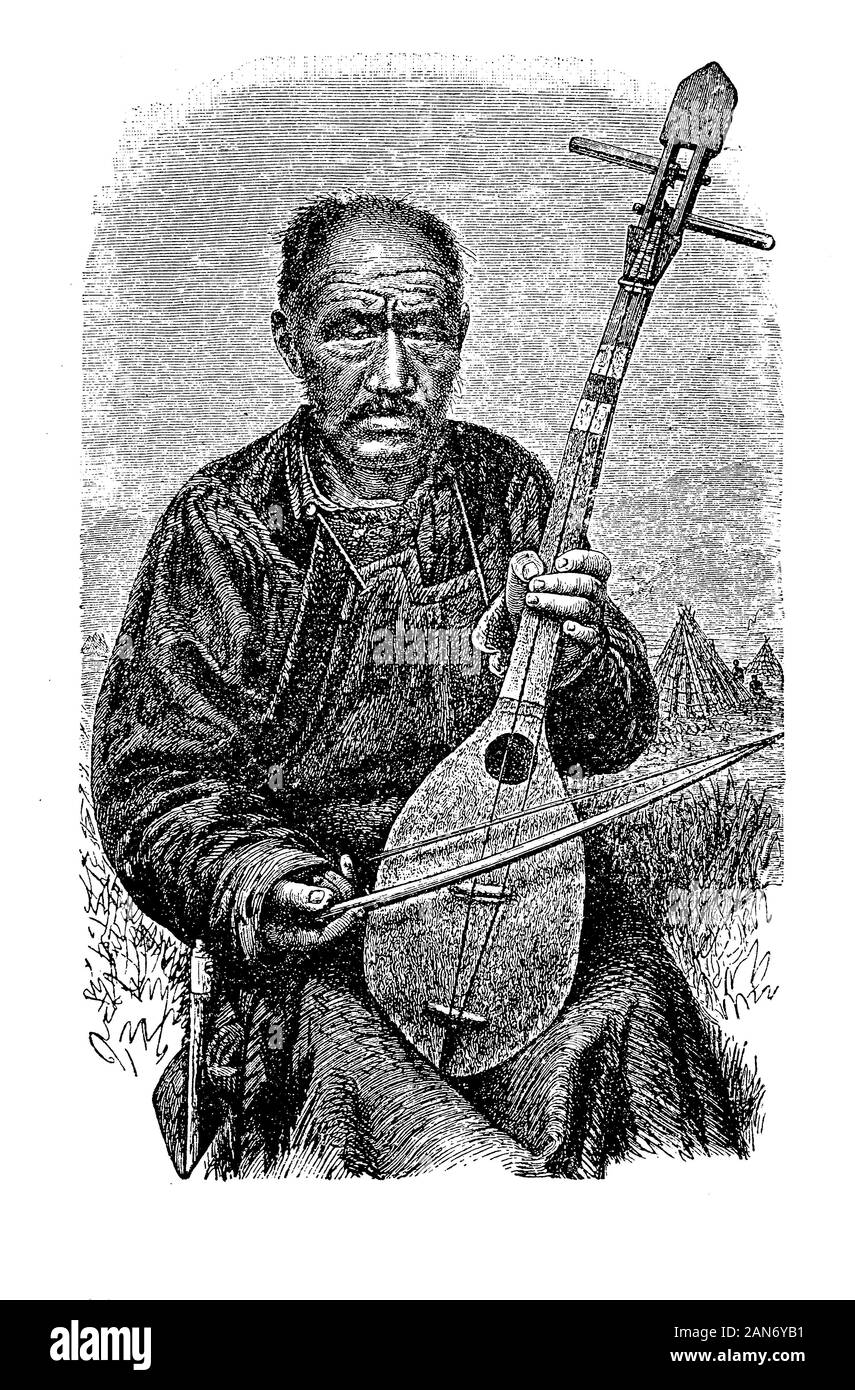 Kirgyz musician playing the traditional komus, a fretless string musical instrument . The kirgyz people are a mix of tribes originated in the west Mongolia of East Eurasian ancestry predominantly Muslims Stock Photo