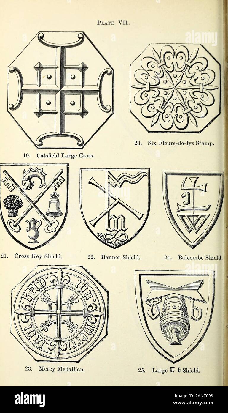 Sussex archaeological collections relating to the history and antiquities of the county . 17. Trefoil Shield. 18. Cross and Ring ShieldEichard Hilles.. Stock Photo