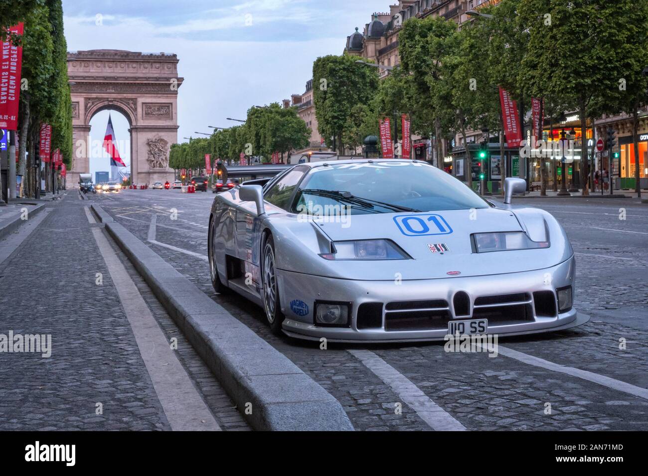 Bugatti EB110 Race car on the Champs Elyse Paris. Silver car 1995 GTS1 IMSA race car Stock Photo