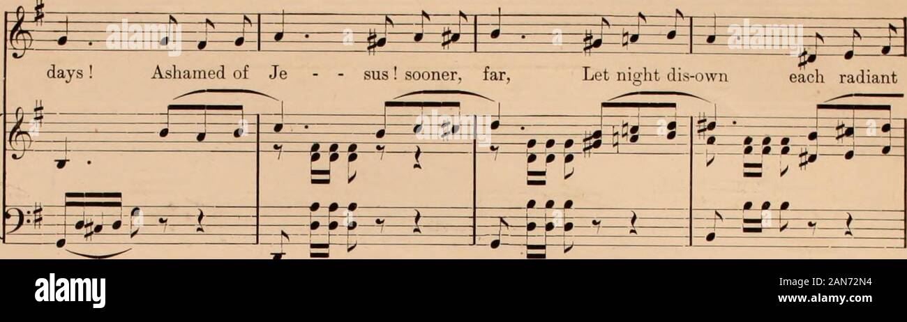 Secular Songs: Sacred Songs . ^ T*^i^ ^fe=E -r Thee ! Ashamed of Thee, whom an-gels praise, Whose glories shine thro ^nd-less -tnH—i-—iT- v»oe —4. Copyrifht, 1880, by Wii, A. Pond & C«.. -N  N- -g—-0- -N—^- ^«^ -V- --^? ^^-V i bid darkness star. Tis midnight with my soul till He, Bright Morning Star, n eg 3 © -* SriS- y b ? Pt ^--•-*- d ^ =tt^= =i= -t i /^ E^ -N »!,-, ^^ t^=H^ :i=i= 5= ^—* —»—i flee. * *—* Let morning ijlush Ashamed of Je sus ! Oh, as soon to own the r4 -i^s =^^=^^  , u- — 1^ icp5= ?-^- -?-^ :7r r=;^ s^^ eS :fcf: ^ (&- eSe* if—*=Wr ?=iE^3 sun. :]^ -N—N:=f ^^^ He sheds the b Stock Photo