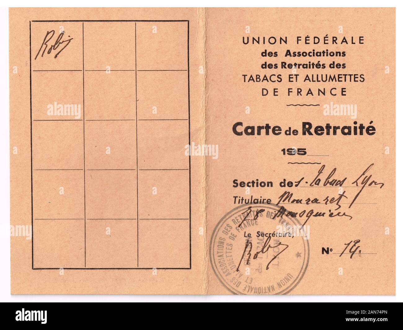 ID Card (two parts of the document) of a retired employee of French National Tobacco and matches Company, (circa 1950), Lyon, France Stock Photo
