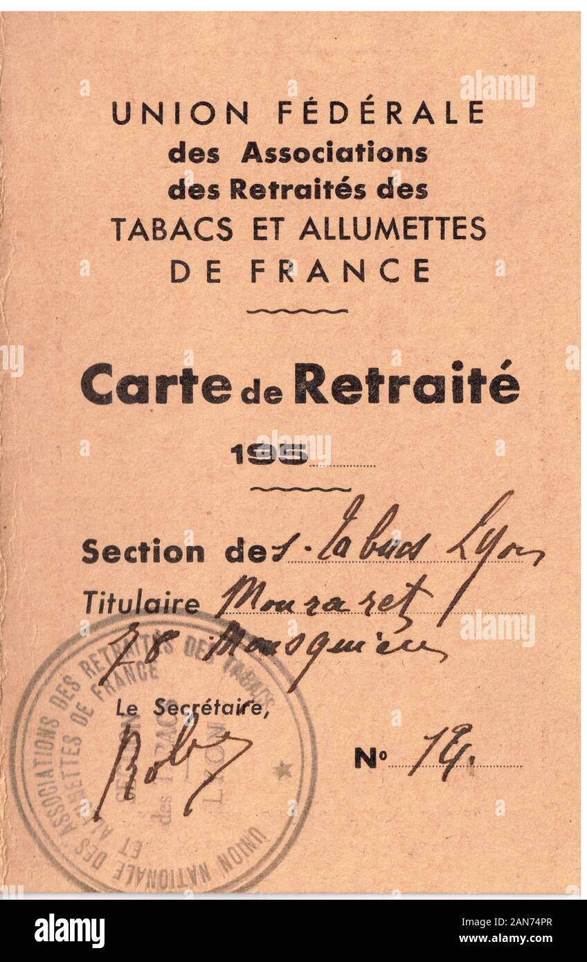 Recto of the ID Card of a retired employee of French National Tobacco and matches Company, (undated but probably circa 1950), Lyon, France Stock Photo