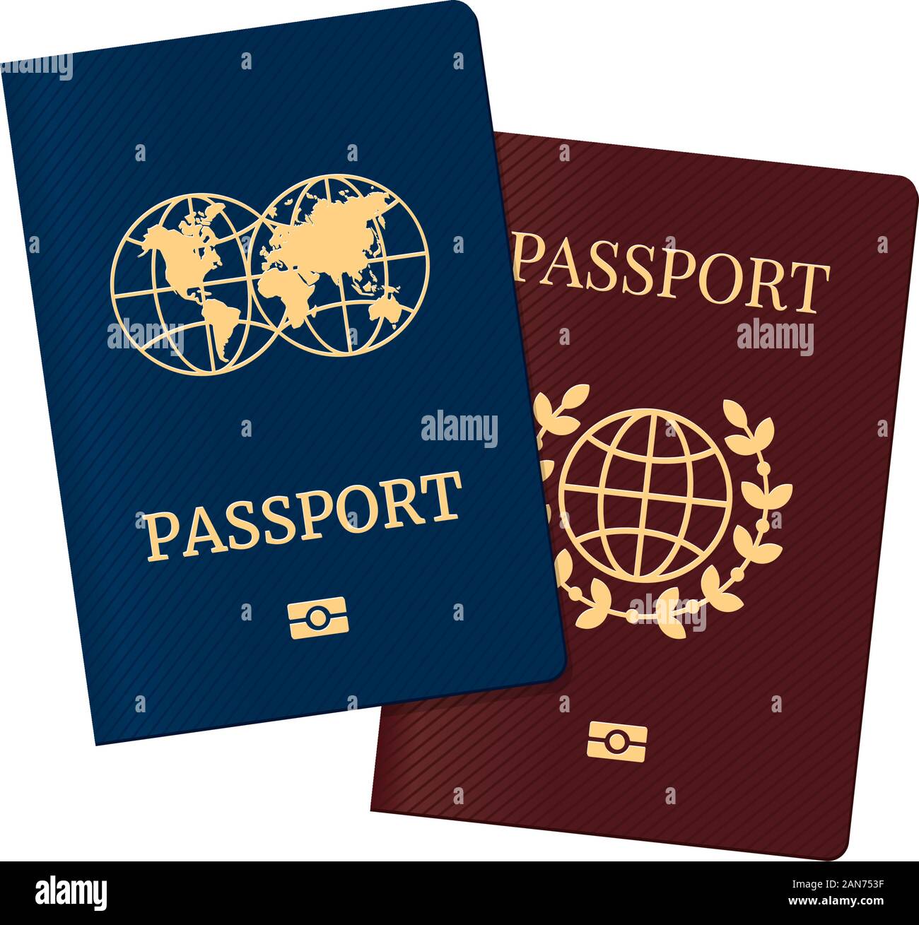Passport set with world map globe on brown and blue cover. Biometric citizenship identification document pass for travel template. Vector illustration Stock Vector