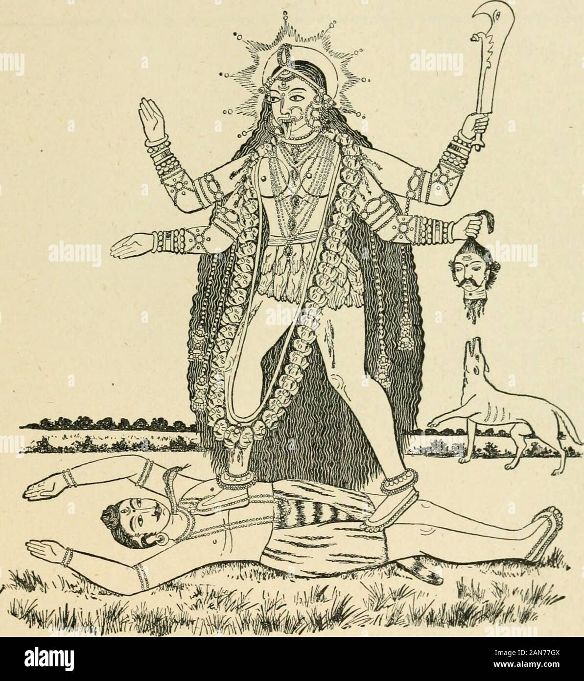 Hindu mythology, Vedic and Purânic . The chief Forms of Durga. 259 thousand ? Destroy him too, said Rama. Sita advisedhim to remain at home ; but he collected his army of monkeys,and with his wife and brothers set off for Satadwipa to meet thisnew Ravana. Hanuman was despatched to discover the re-sidence of the monster, and to gather all the information he. KALI DANCING ON SIVA. could about him, and on his return Rama went to the attack.The giant regarded the army of his assailant as so manychildren. He shot three arrows. One of these sent all themonkeys to their home at Kiskindha ; a second d Stock Photo