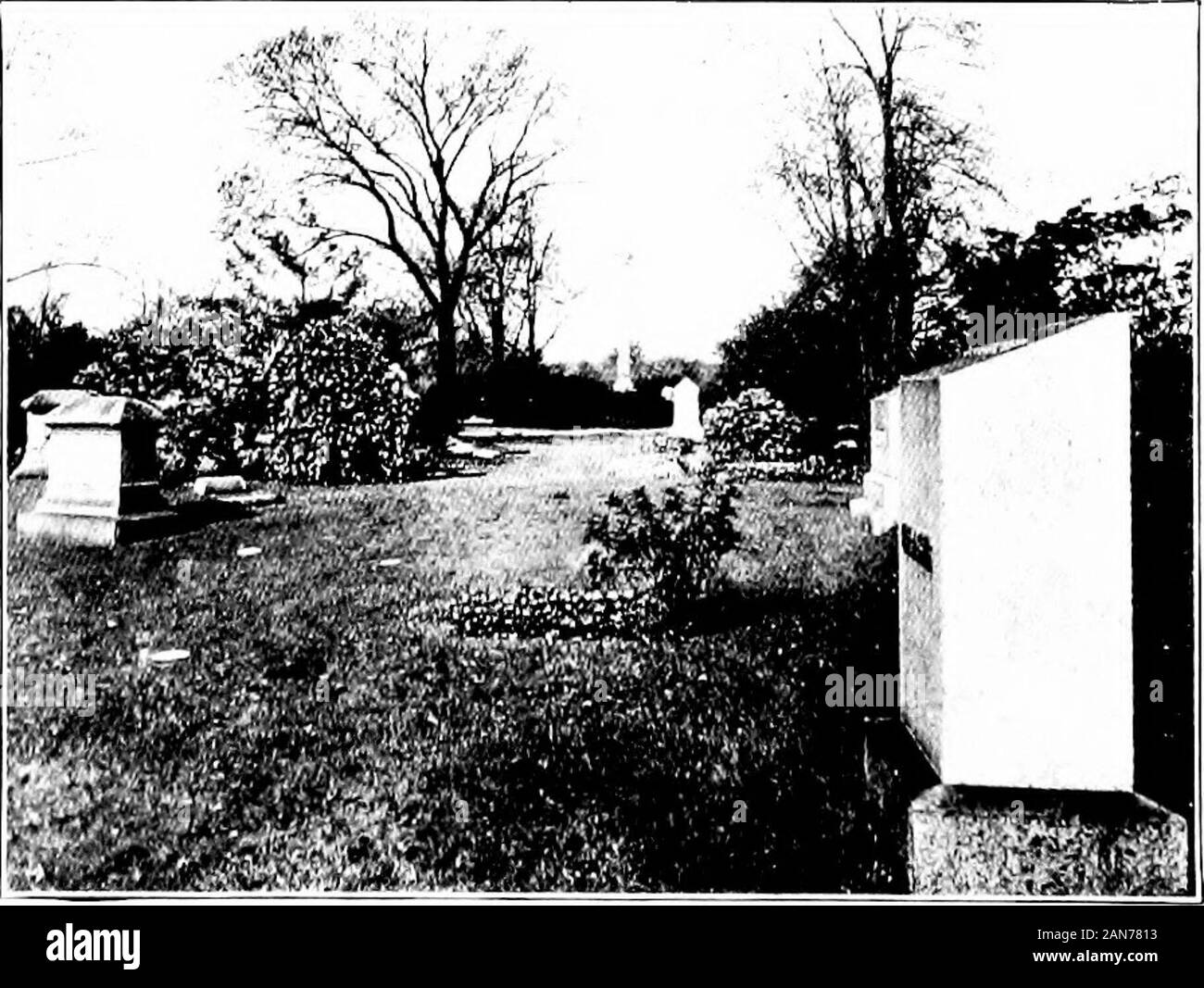 The prairie spirit in landscape gardening; what the people of Illinois have done and can do toward designing and planting public and private grounds for efficiency and beauty . ise of the resurrection of the soul. The nextpicture (Fig. 61) he calls the straight wayto bad taste, because it shows one of the manyways in which fine artworks are desecrated bya display of wealth. Can we not have inevery Illinois community one cemetery of thehighest type? The farmer has a fine chance to idealize thelong view. I never frame a long prairie viewwith spectacular trees, like Lombardy poplar,as the eastern Stock Photo