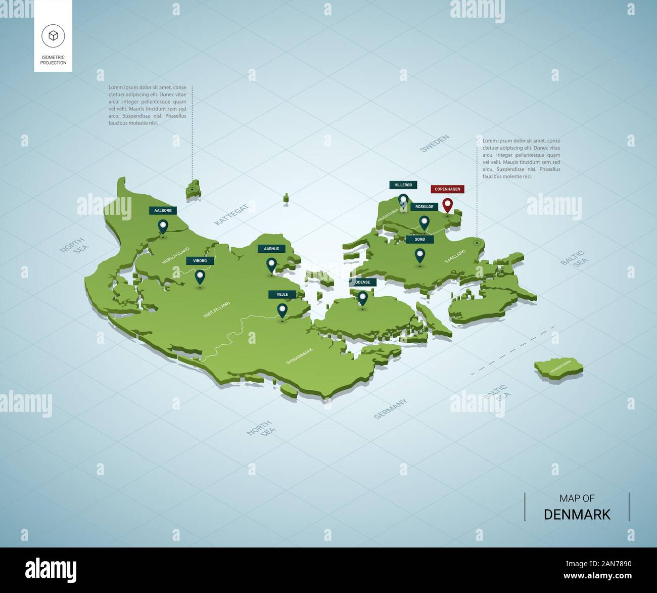 Stylized Map Of Denmark Isometric 3d Green Map With Cities Borders