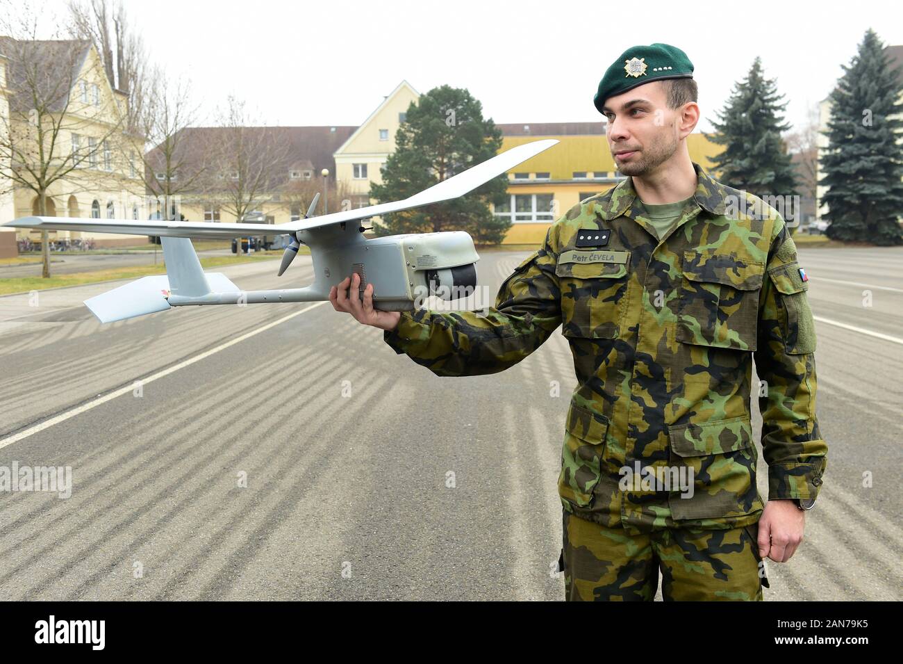 Czech Soldier Petr Cevela shows an unmanned aerial vehicle Raven RQ 11 during a parade on occasion of establishment of 533rd battalion of unmanned aerial vehicles (UAV) of the Army of the Czech Republic, on January 16, 2020, in Prostejov, Czech Republic. (CTK Photo/Ludek Perina) Stock Photo