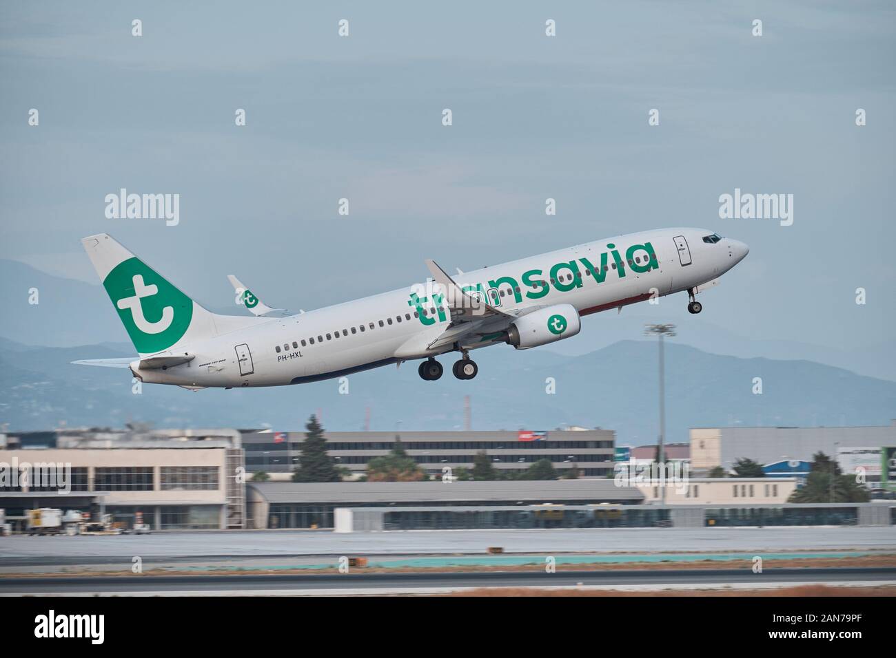 Transavia Boeing 737-800 (PH-HXL) taking off, Málaga airport, Andalusia,  Spain Stock Photo - Alamy