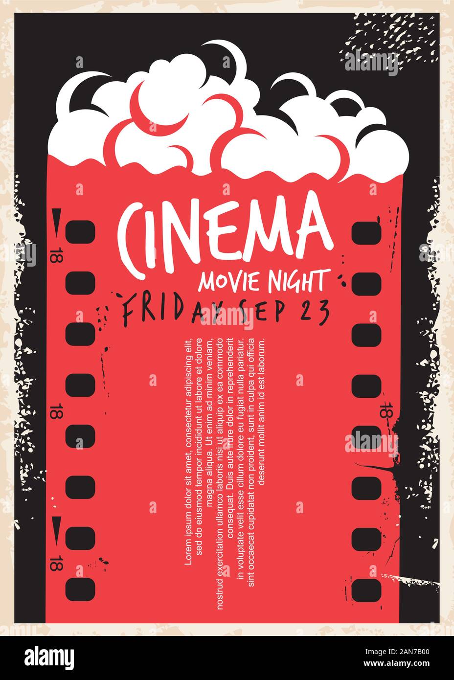 Cinema movie poster with film strip and pop corn. Movie night flyer template. Retro ad cinema concept on old paper textured background. Vintage vector Stock Vector