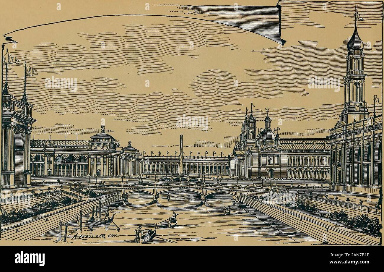 Art souvenir World's Columbian exposition and views of Chicago . TRANSPORTATION BUILDING. THHNSPO^TflTIO^l SOlUDlflG. THE Transportation Building is one of the group forming the northern or picturesquequadrangle. The main building of the transportation exhibit measures 960 feet front by 256feet deep; from this will extend westward to Stoney Island Avenue a triangular annex coveringabout nine acres, and consisting of one-story buildings 64 feet wide, set side by side. Theexhibits to be placed in the building will naturally include everything of whatsoever name orsort devoted to purposes of tran Stock Photo