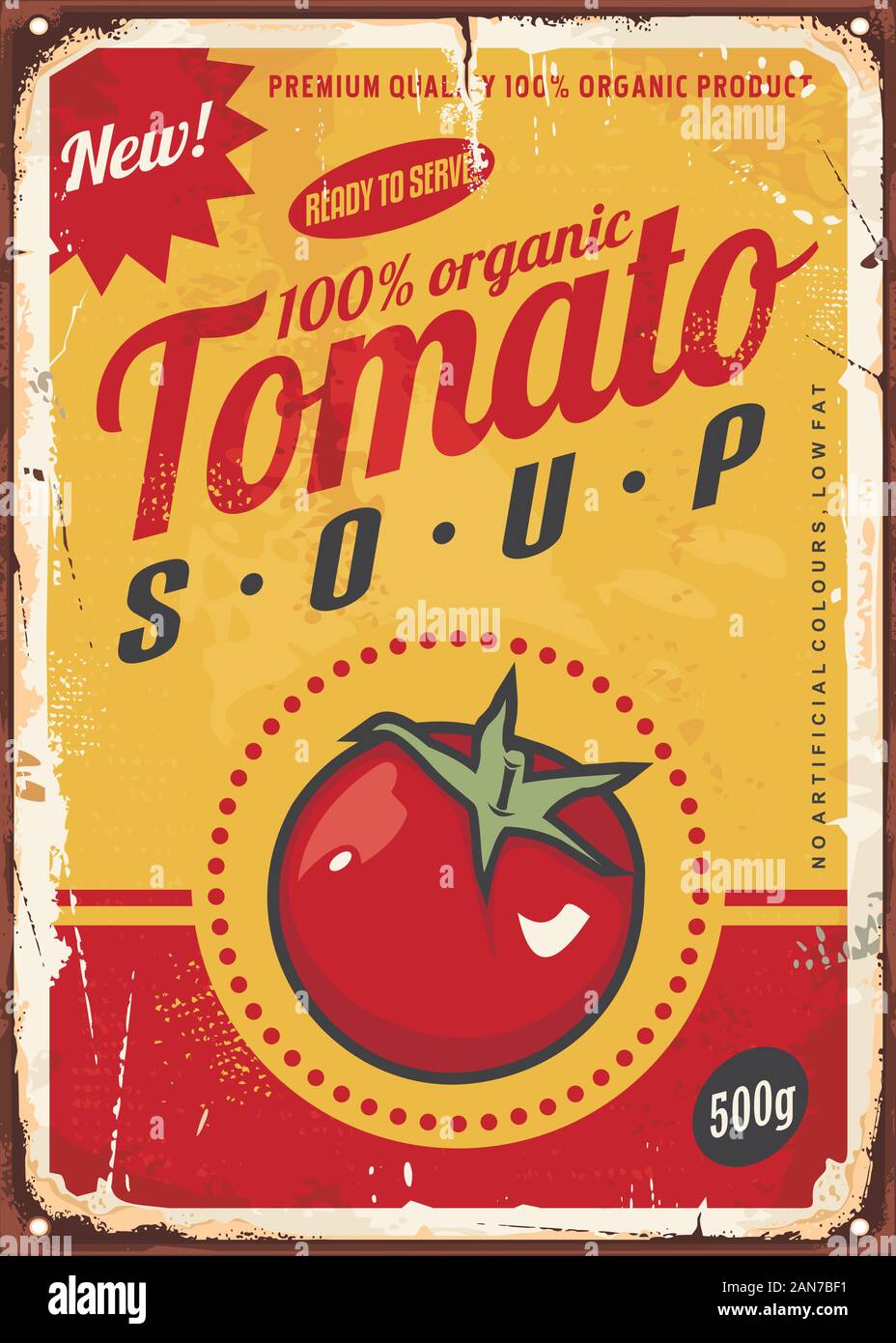 Tomato soup vintage metal sign image with juicy red tomato and creative typography. Promotional food ad design concept. Vector illustration Stock Vector