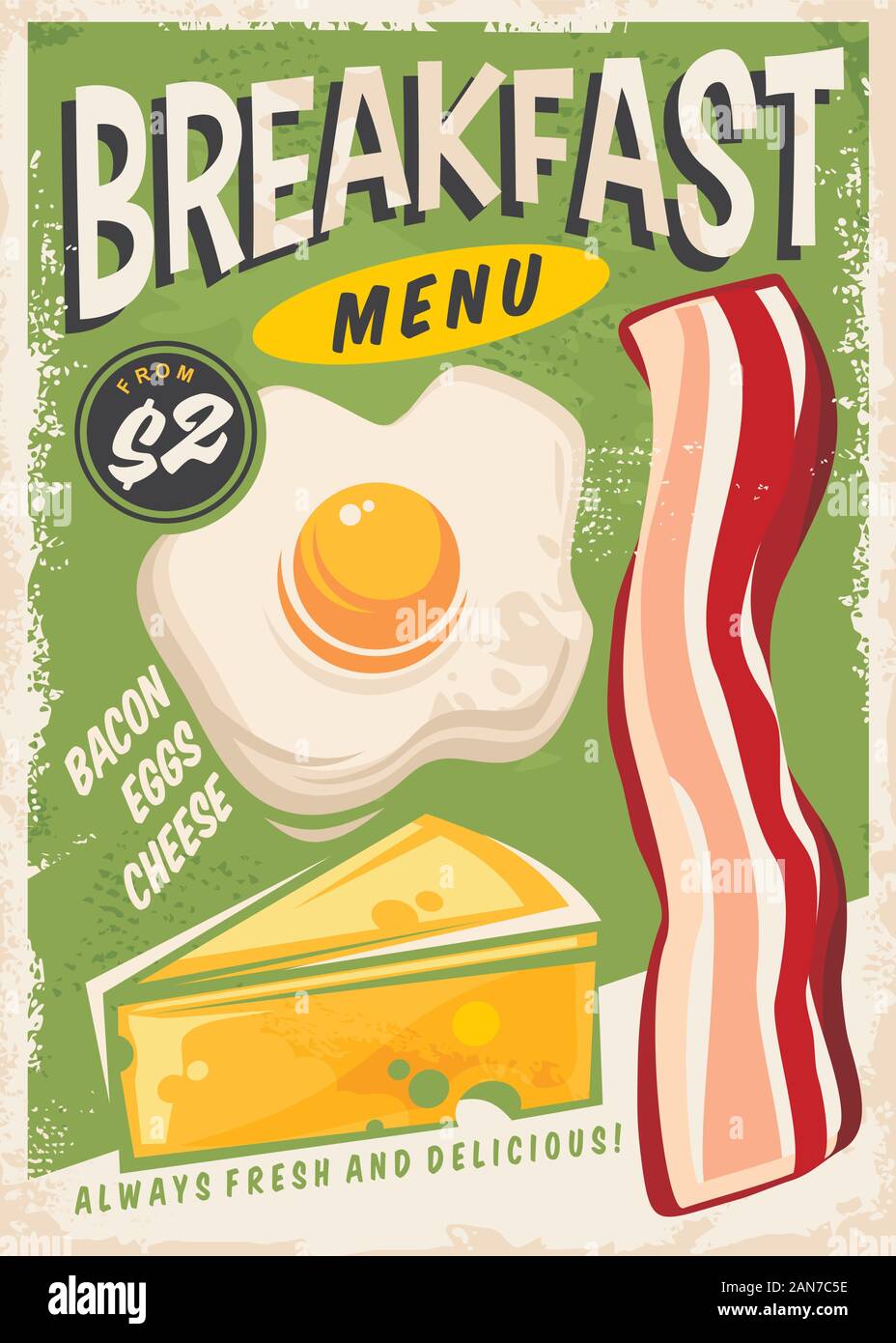 Breakfast Menu Promo Ad Design With Egg Bacon And Cheese Retro Poster For Fast Food Restaurant Vector Food Flyer Stock Vector Image Art Alamy