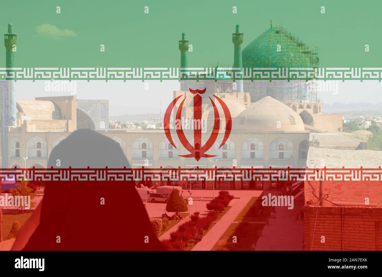 Big city square in Esfahan, Iran, with the Iranian national flag placed over it Stock Photo