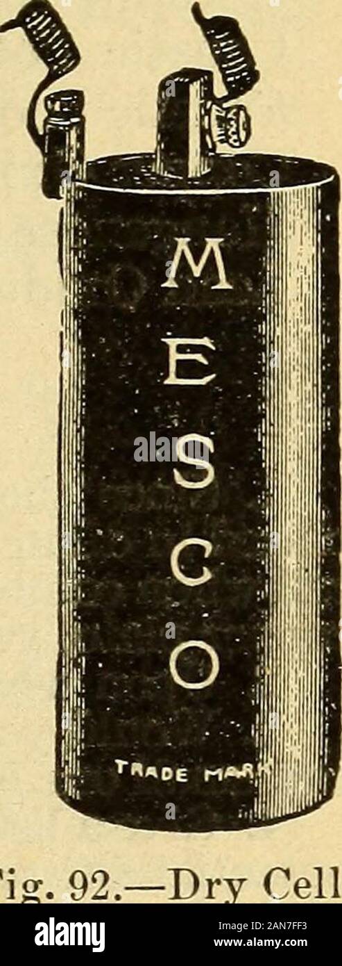 Lessons in practical electricity; principles, experiments, and arithmetical problems, an elementary text-book . h holds the other element (carbon)and the exciting mixture. The carbon rodor plate occupies about one-half the spacein the cell, and the space between the carbonand zinc cylinder is tilled with the followingmixture, the proportions being by weight:Oxide of zinc, 1 part ; sal-ammoniac, 1 part;plaster, 3 parts; chloride of zinc, 1 part;water, 2 parts. Dry cells being portable,are very convenient for use where only an intermittentcurrent is required. The E. M. F. is about 1.4 volts. 94. Stock Photo