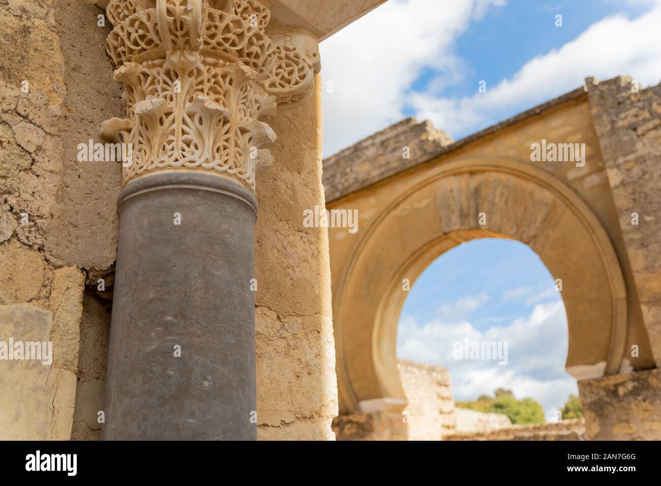 Cordoba, Spain -  November 1 2019: Fragment of wall with floral paterns in 10th century ruined Moorish medieval city Medina Azahara in Andalucia on No Stock Photo