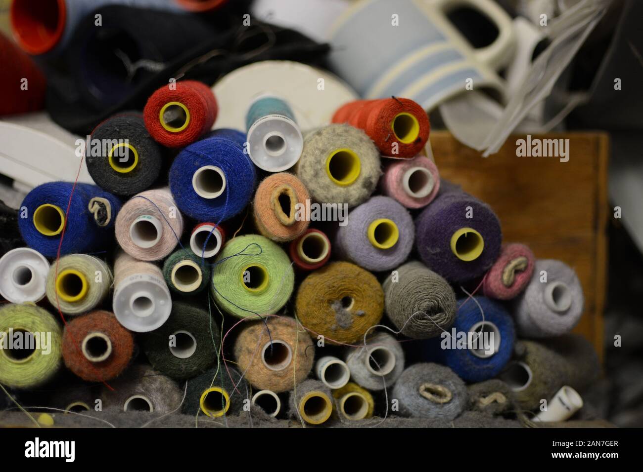 Group of colorful cotton yarn stacked on top of each other Stock Photo