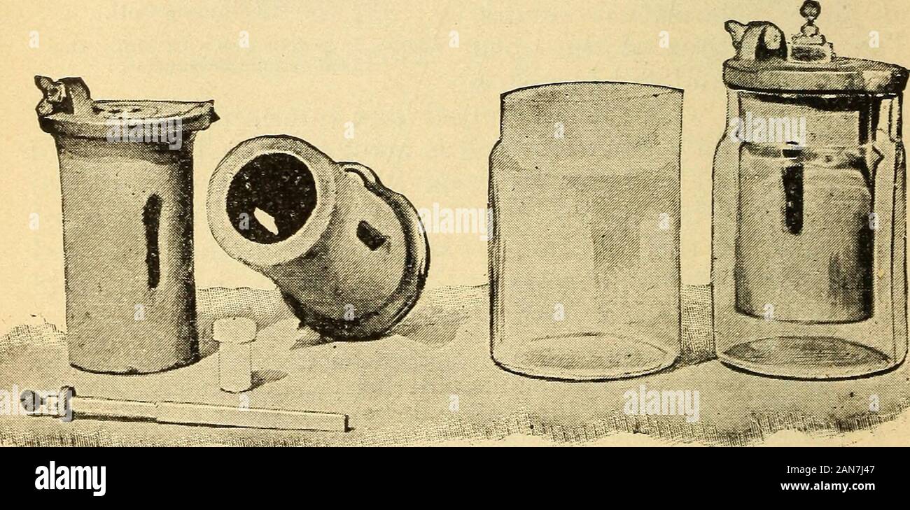 Lessons in practical electricity; principles, experiments, and arithmetical problems, an elementary text-book . Fig. 87.—GondaLeclancheElements.. Fig. 88.—Elements of a Carbon Cylinder Cell.Zinc, carbon and sal-ammoniac solution. BATTERIES. 73 carbon is madewith oxide of cell of the Standard Carbon Co., in which the in the form of a porous cup and then fillec manganese to prevent polarization. Still another form of the same make is shown in Fig. 90, in which the space between the two concentric carbon cylinders has been filled with oxide of Stock Photo