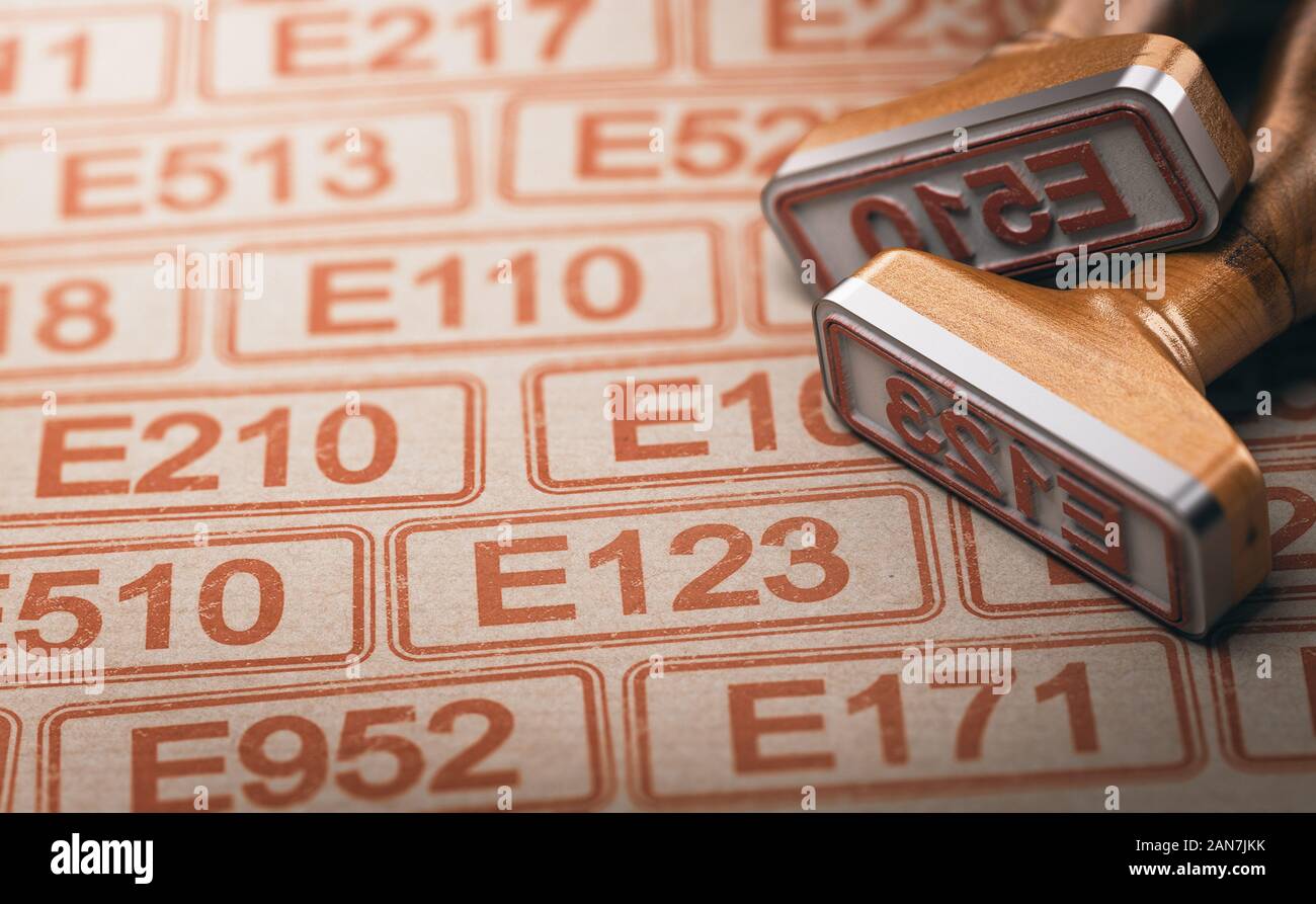 3D illustration of two rubber stamps with the text E123 and E510 over other many controversed numbers. Food additives list concept Stock Photo