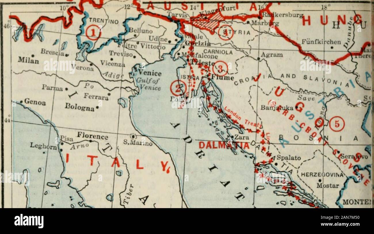 The Literary digest history of the world war, compiled from original and contemporary sources: American, British, French, German, and others . Scale of Miles 26° I. /COf^SlCA V6ARDINIA , MONTEl ^ SOUTHERN EUROPE SHOWING ITALY, JUGO-SLAVIA, ALBANIA,BULGARIA AND GREECE ^ , . Decided Undecided Boundane3^,^ ^^B^^HB ? v ? m a ? aiTerritory subject to Plebiscite. ^^^^^^International Territory J:*...-...^ Former International Boundaries jma^smmBS}^.! Bari Taranti Brindisr Gulf of Taraiito Durazzcl + ^t^:^.&gt; Stock Photo