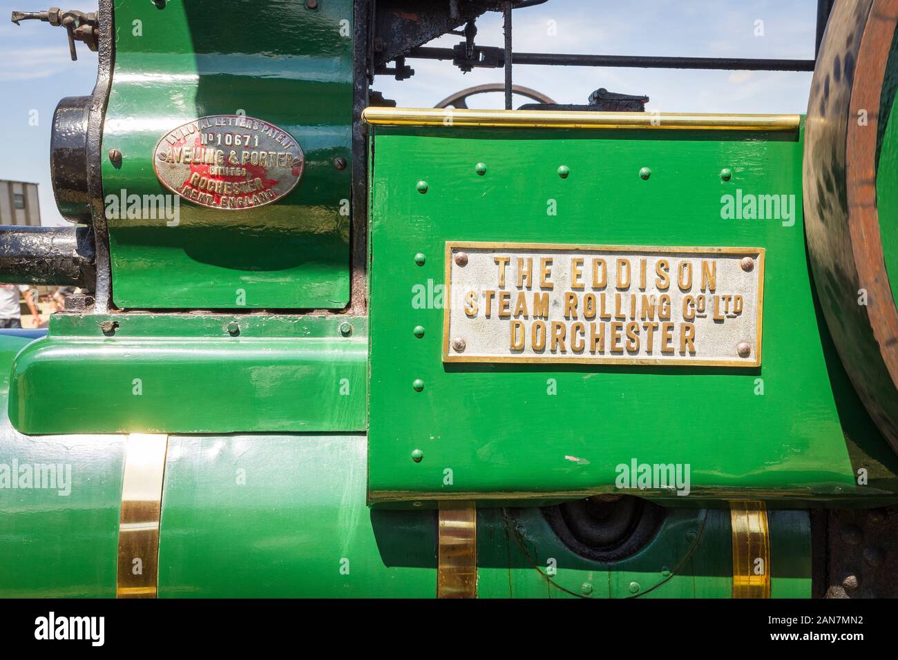 Close detail of a 1920s steam roller on show at an English Country fair in 2018 Stock Photo