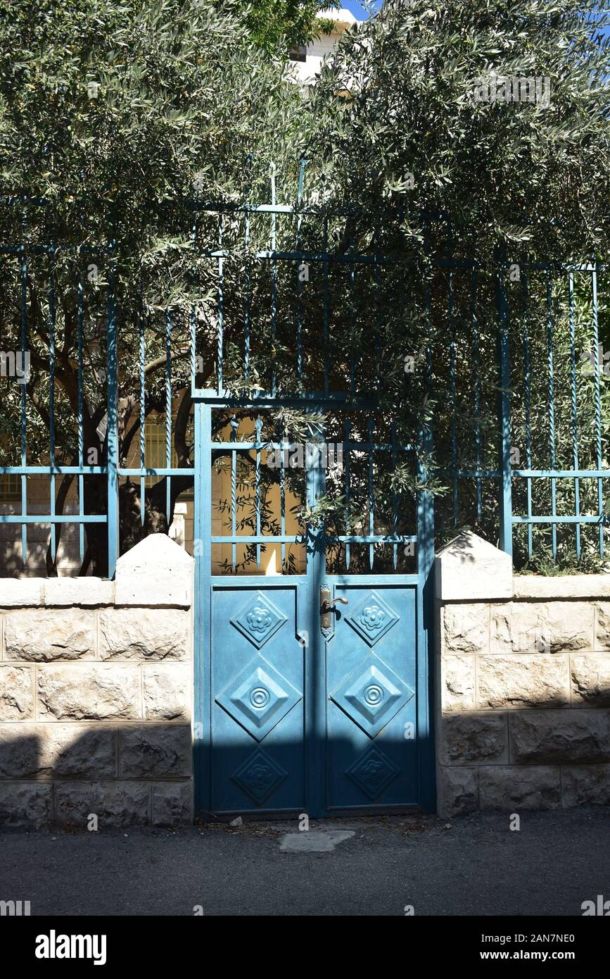 Blue Gate Door To A Stone Building In Bethlehem West Bank Stock