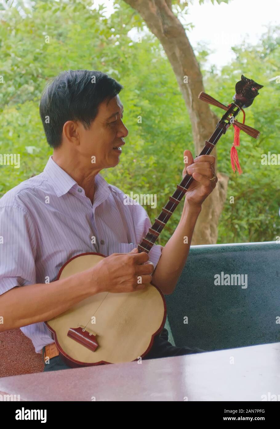 Vietnamese man playing a moon lute (Đàn nguyệt), a two-string plucked string instrument, popular in traditional vietnamese music. Stock Photo