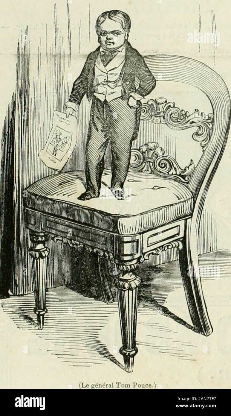 L'illustration : journal universel . (Voiture dugénéral Tom Pouce.) spectives. Du septième jour delà création du monde, je passesans transition au H janvier 1852, à 8 heures 53 minutes-41 secondes du soir, heure à laquelle naquit àBridgeportdansle Connecticut aux États-Unis COiRLES S. STRATTON, plus connu sous le nom du GÉNÉRAL TOM POUCE. Ses parents avaient la taille moyenne de lhumanité : 1 mè-re 75 centimètres. Ils nétaient ni beaux ni laids , ni sots ni. (Le général Tom I spirituels, ni riches ni pauvres. Aucun phénomène extraor-dinaire navait précédé, accompagné ou Buivi laccouchementde l Stock Photo