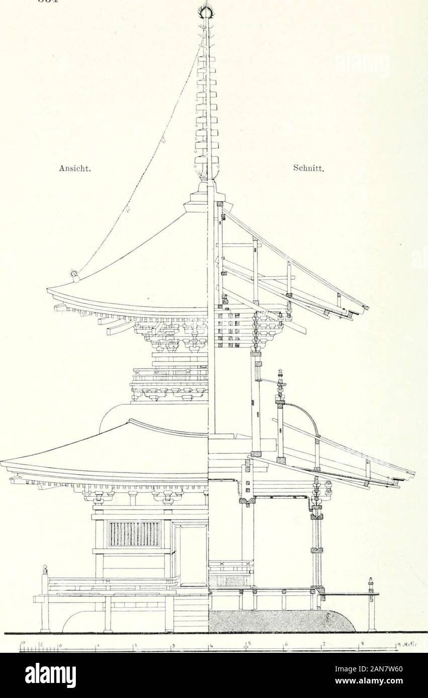 Die Architektur der Kultbauten Japans . n des inneren Quadrats, die nicht bis zum Fundamentdurchgeführt sind, Aufnahme in dem Balkenwerk des Ober-geschosses, ähnlich wie bei dem dreistöckigen Turme vonNarita. Der quadratische Unterbau wird abgeschlossen durchein im Grundriß gleichfalls geviertförmiges Pultdach, ausdem die zylindrische Wandung des Obergeschosses von er-heblich eingeschränktem Durchmesser herauswächst; wie dieAbb. 313 zeigt, wird der Übergang zwischen der Zylinder-wand und dem viereckigen Dach vermittelt durch das sog.Kamebara, wörtlich Schildkrötenbauch, eine ungefähr nacheinem Stock Photo