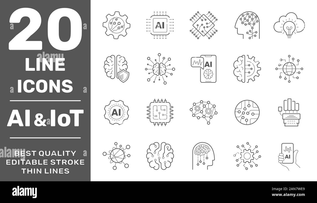 Vector machine learning thin outline icon set with AI, smart robotic and cloud computing network digital technology. Editable Stroke. EPS 10 Stock Vector