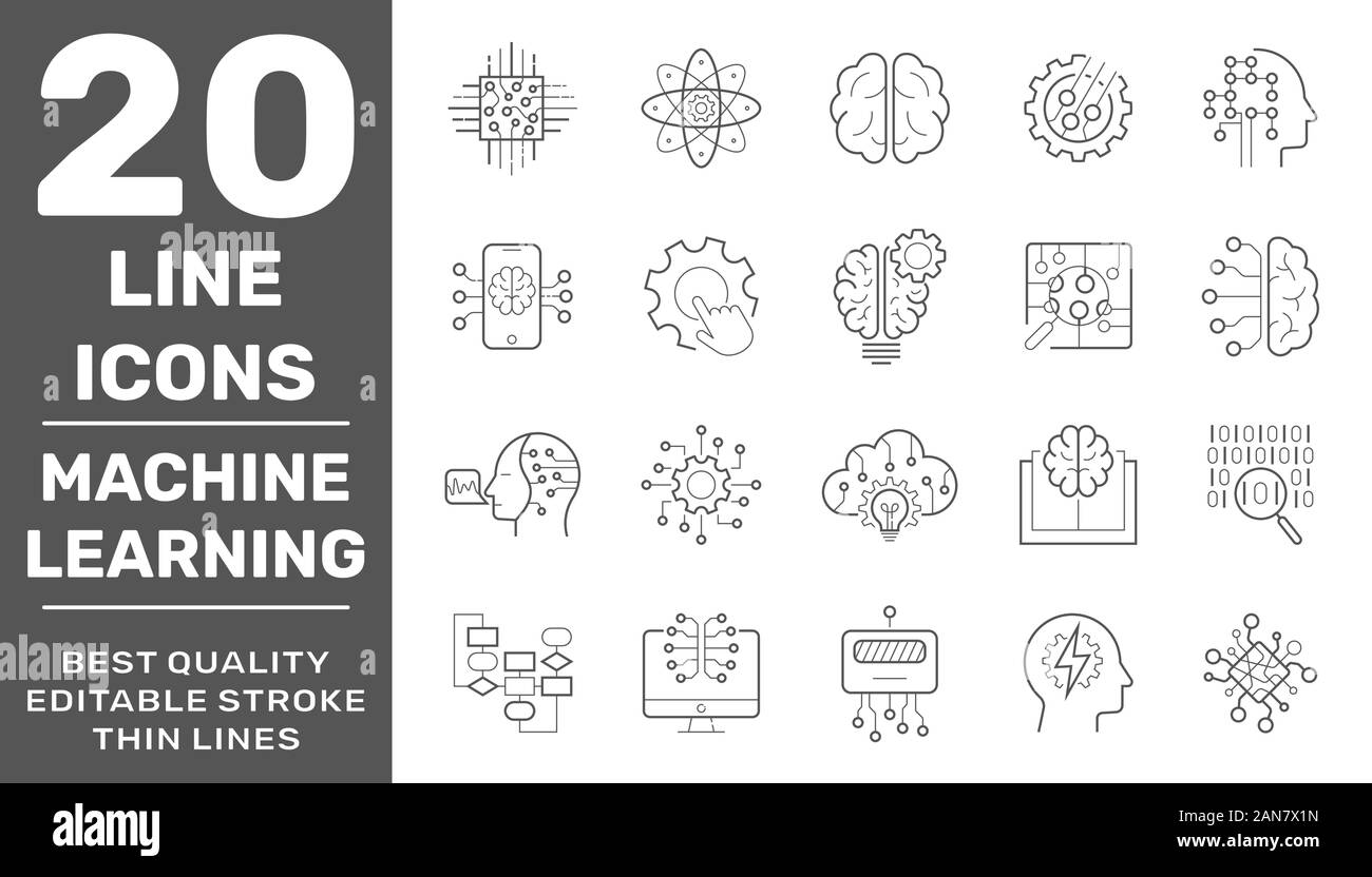 Vector thin outline icons set with machine learning, smart robotic and cloud computing network digital AI technology. Editable Stroke. EPS 10 Stock Vector