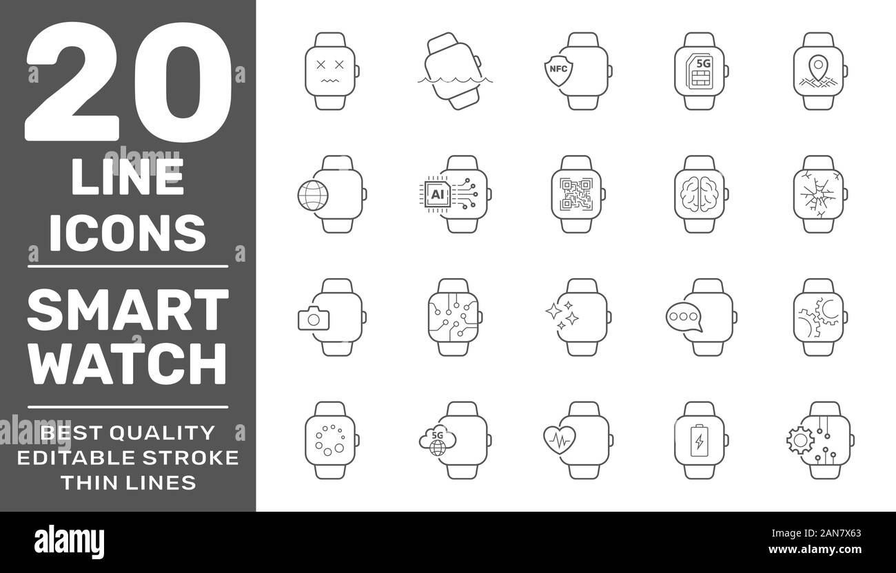 Smart Watch Vector Icons. Vector illustration. Editable Stroke. EPS 10 Stock Vector