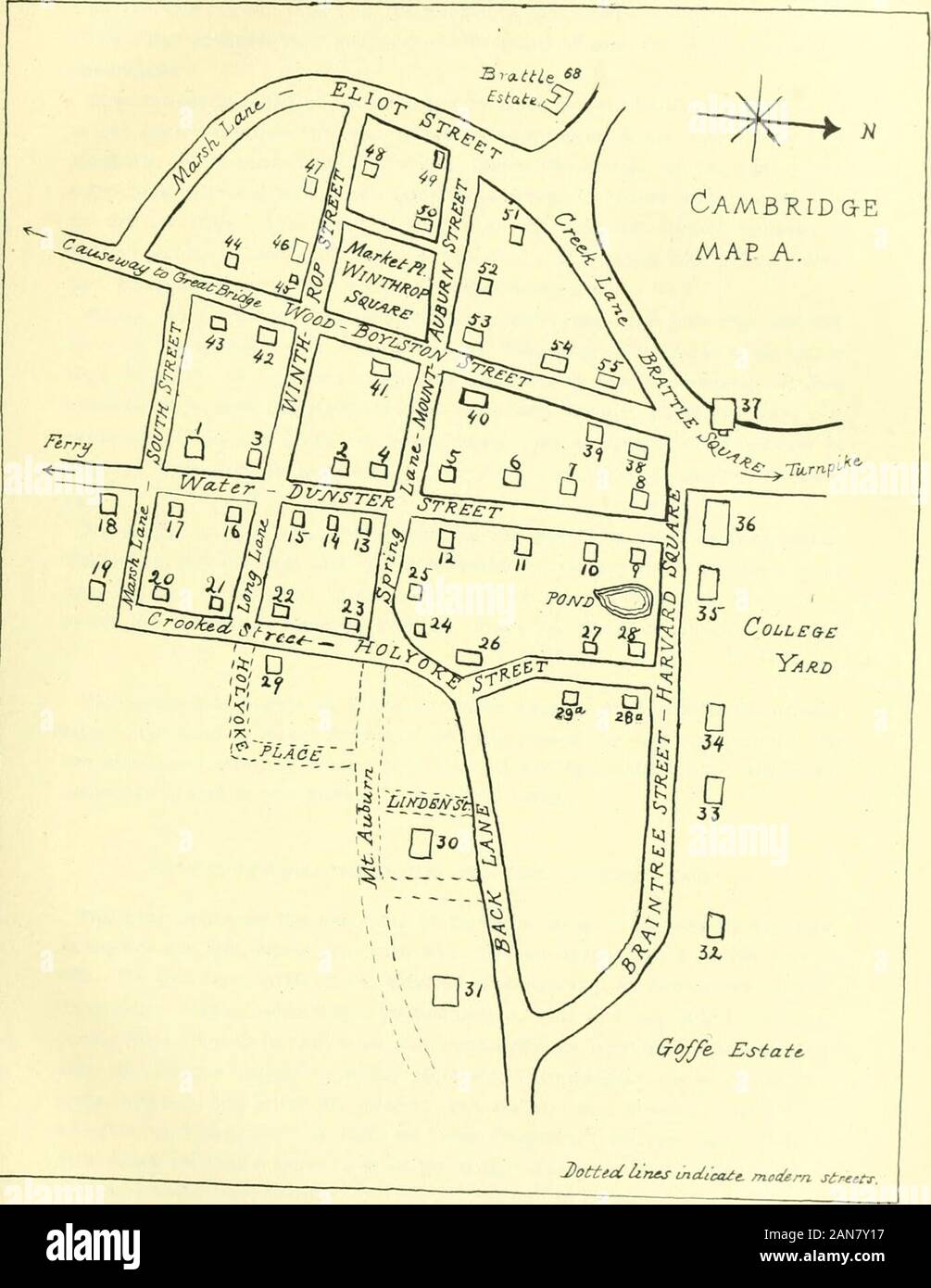 An historic guide to Cambridge . .29a. White-Collins. 30. Apthorp (Bishops Palace)-Borland-QuarTers of Putnam and Burgoyne. 31. Daniel Gookin-Oliver-Phips-Winthrop-McKay. 32. Old Parsonage. 33. Sewall. 34. Hooker-Thomas Shepard-Mitchell-Leverett-Wigglesworth. 35. Presidents or Wadsworth House. 36. Second, Third and Fourth Meeting-houses. 37. Court House. 38. P.radstreet-Pelham. 39. Rev. Samuel Stone-Nathaniel Sparhawk-Gove-Bunker. 40. Thomas Beale-Andrew Belcher-Blue Anchor Tavern-Birthplace of Governor Jonathan Belcher. 41. Ensign-Hicks-Samuel Whittemore-Watson. 42. Patrick-Cane-Prof. Judah M Stock Photo